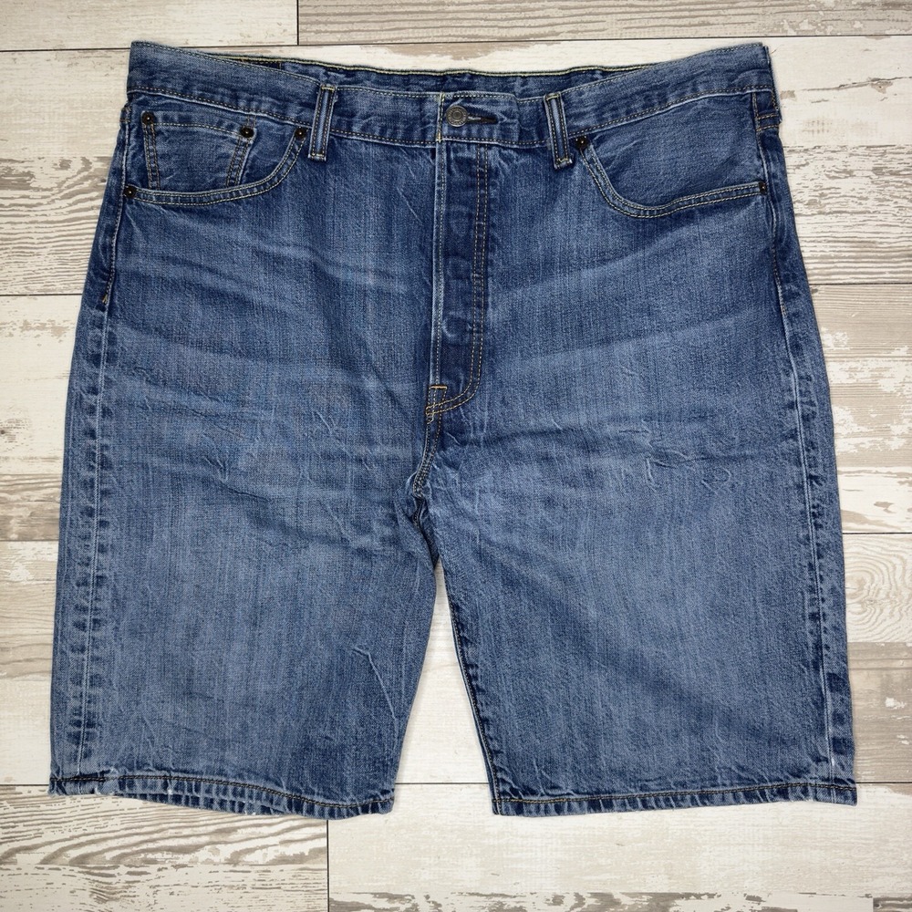 Levis 501 Shorts Mens 38W Blue Denim Button Fly Distressed Bermuda Whiskers